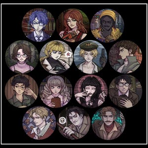 May include: Twelve circular character portraits, each depicting a different person with distinct features and clothing. The portraits are set against a black background with a white border. The characters display a range of expressions and accessories.