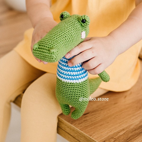 Stuffed green crocodile with bow tie for nursery decor, Birthday gift for boys, Crochet alligator.