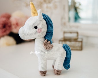 Stuffed unicorn toy birthday gift, White unicorn for nursery decor, Crochet unicorn for baby shower.