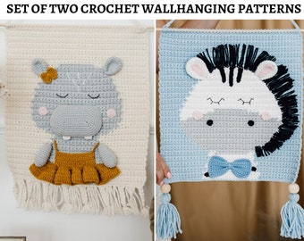 Patrons de tenture murale au crochet, lot de 2 décorations murales au crochet, décor de pépinière safari bricolage, tutoriels de tapisserie au crochet.