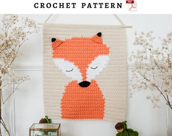 Crochet wall hanging pattern with fox,  Nursery fox wall decor tutorial, Diy baby room tapestry