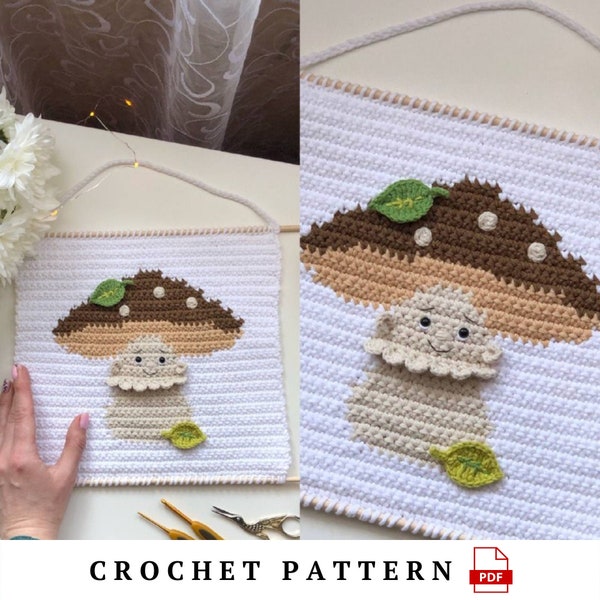 Crochet mushroom wall hanging pattern, Forest nursery wall decor tutorial. Diy baby room tapestry.