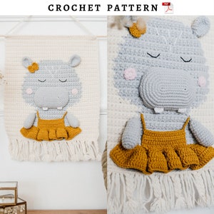Crochet wall hanging pattern with hippo. Nursery hippo wall decor tutorial. Diy baby room tapestry.