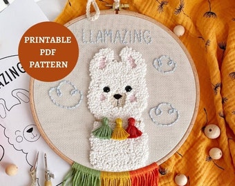 Punch needle pattern, Llama wall hanging tutorial, Diy nursery decor, Easy to follow embroidery pattern.