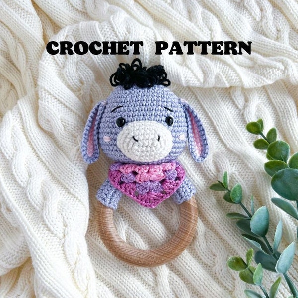 Crochet donkey rattle pattern, Amigurumi domestic animal teether tutorial, Diy baby teether ring.