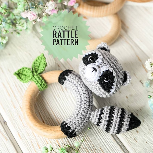 Crochet rattle pattern, Raccoon teether tutorial, Diy amigurumi baby teether ring.