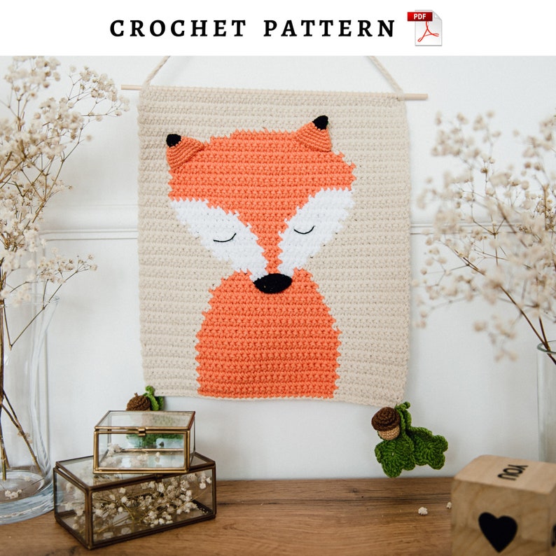 Crochet wall hanging pattern with fox, Nursery fox wall decor tutorial, Diy baby room tapestry image 1