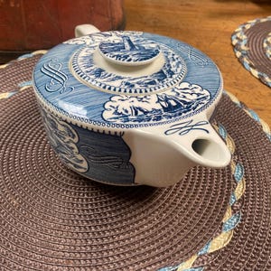 Currier & Ives blue and white teapot, from the Royal China