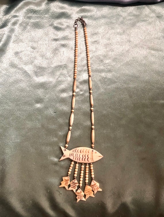 Vintage carved bone and beaded fish necklace