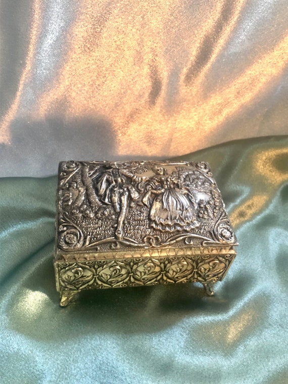 Vintage Repoussé Metal Trinket Box with Red Velve… - image 1