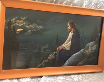Vintage Religious Christ on Mount of Olives Maxfield Parrish Framed Deco Print