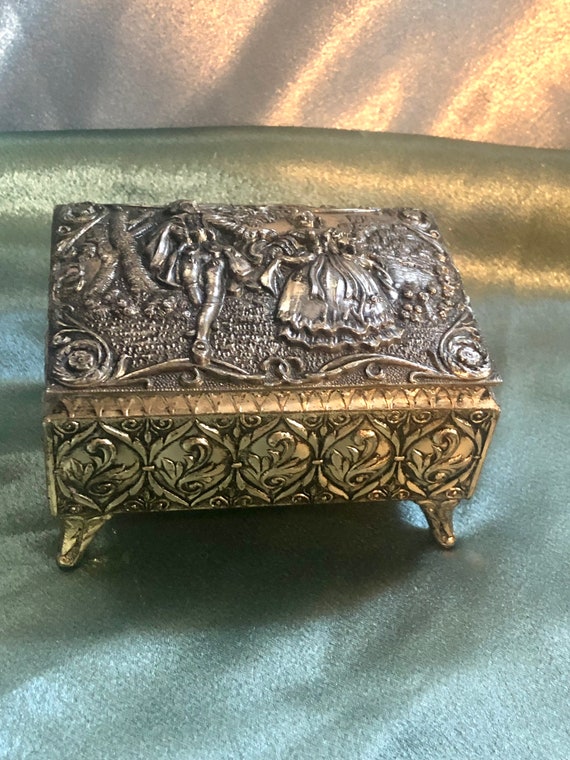 Vintage Repoussé Metal Trinket Box with Red Velve… - image 2