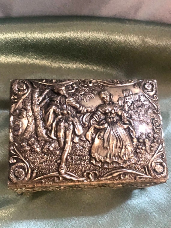 Vintage Repoussé Metal Trinket Box with Red Velve… - image 3