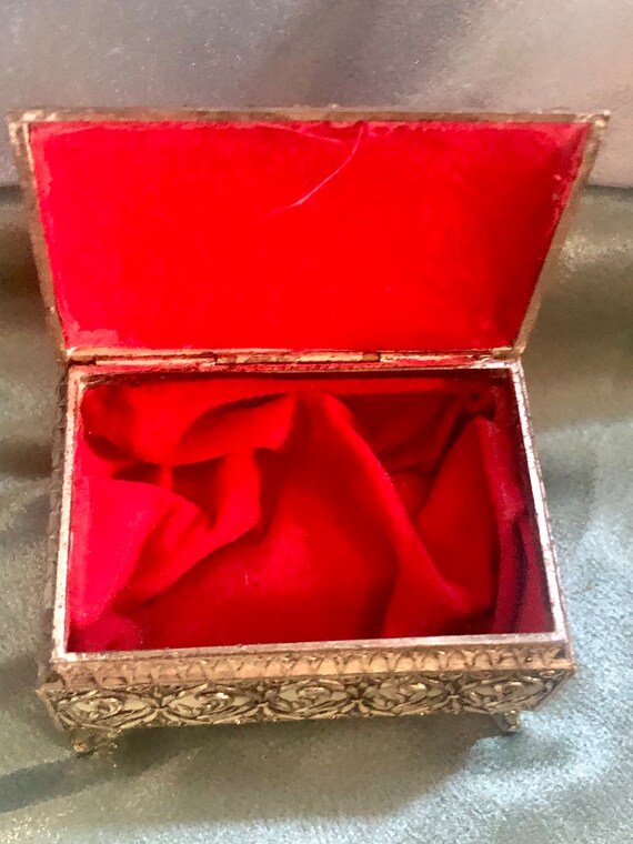 Vintage Repoussé Metal Trinket Box with Red Velve… - image 4