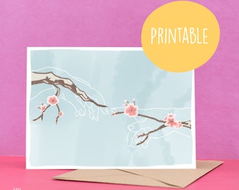 Sakura Grußkarte, Davinci Hände druckbare Grußkarte, Allgemeine Grußkarte, Blank innen Dankeschön