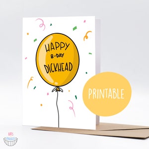 Tarjeta divertida B-DAY, tarjeta imprimible interior en blanco, globo de cumpleaños amarillo y nota de tarjeta de mejores deseos de confeti