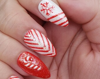 Candy Cane Dream Press On Nails•Handpainted•False Nails•Nail Glue•Christmas•Stiletto•Fake Nails•Glue on Nails•Luxury Nails•Premium Press ons