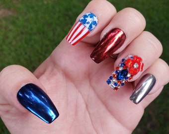 Fourth of July Firecracker Press On Nails•Chrome Nails•Nail Art•Handmade•Rhinestones•Coffin Shape•Square Shape•Stiletto Shape•Red nails•