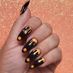Handmade Black & Orange Drip Press On Nails: Halloween Coffin Nails