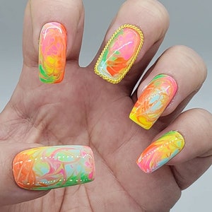 Psychedelic Tie-Dye Press On Nails: Neon Hand-Painted Nail Art