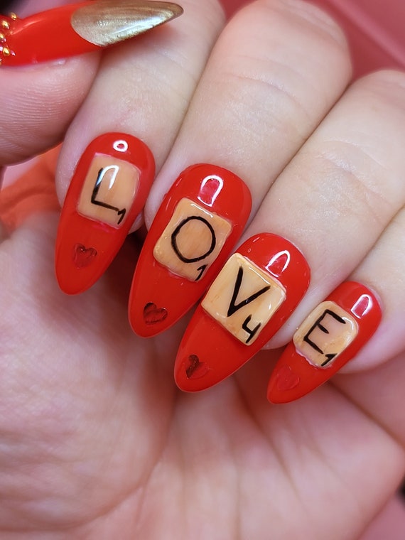 Scrabble Love Press on Nails: Valentine's Day Handpainted Nail Art