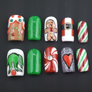 Christmas Press on Nails•False Nails•Glue on Nails•Fake Nails•Premium Luxury Nails•Holiday Nails•Santa Nails