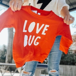 May include: A red sweatshirt with white text that says "LOVE BUG".