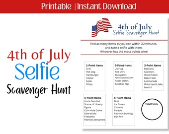 4th of July Selfie Scavenger Hunt Game | Fun Printable Games for Adults & Kids | July 4th Party Games | PDF
