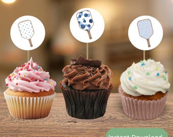 Pickleball Party Cupcake Toppers: Blue Paddle Decorations (Digital Download)