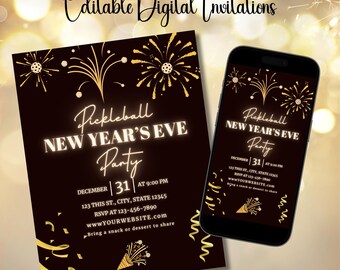 Plantilla de invitación para fiesta de Nochevieja de Pickleball (descarga digital)