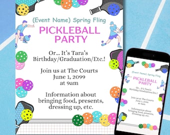 Bewerkbare sjabloon Pickleball-feestuitnodiging, uitnodiging digitale telefoon + aangepaste afdrukbare 8,5 x 11 en halve pagina | Verjaardag, afstuderen, enz.