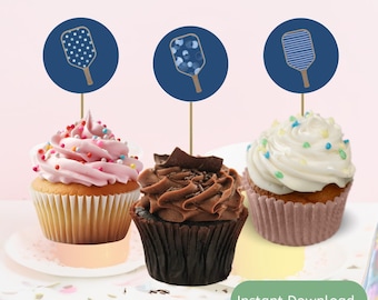 Pickleball Party Cupcake Toppers: Blue Paddle Decorations (Digital Download)