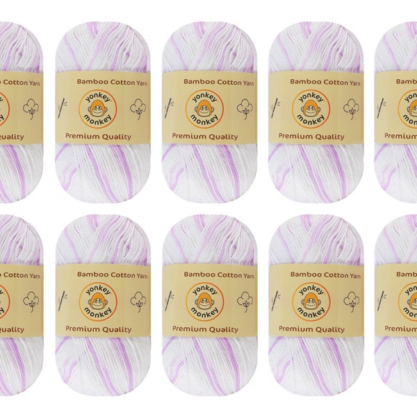 10 pack "Purple White 9041" Premium Quality Bamboo Cotton Lightweight Yarn Skein by Yonkey Monkey