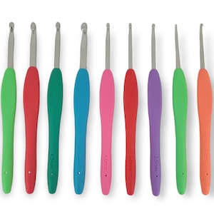 May include: Set of 10 colorful crochet hooks with different sizes ranging from 3.5mm to 5.5mm. The hooks are made of metal and have a comfortable grip.