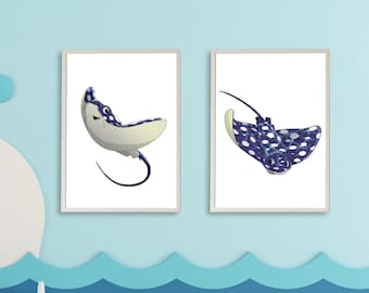 Mignon Ocean Animal Nursery Prints, Ensemble animé de 2 téléchargements numériques, Parfait pour les chambres sur le thème de l’océan, TÉLÉCHARGEMENT INSTANTANÉ Art mural imprimable