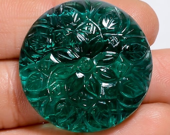Carved Lab Emerald Gemstone: Round Floral Design, 57 Ct