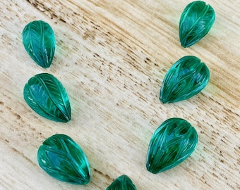 Lab Emerald Carved Teardrop Gemstones: Jewelry Making (7 Pcs, 11x17/10x14 MM)