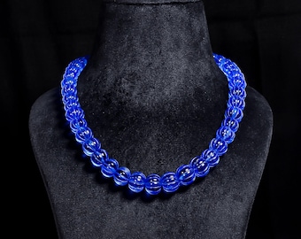 Lab Grown Blue Sapphire Carved Bead Necklace (14x14 mm, 760 Ct)