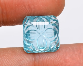 Carved Aquamarine Gemstone: 6.5 Ct. Square Stone for Jewelry Making