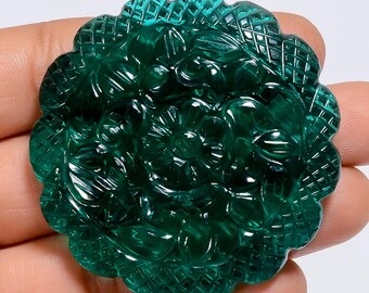 Carved Lab Emerald Gemstone: Round Floral Design (48X48X8 mm, 164 Ct)
