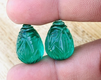 Lab Emerald Carved Teardrop Gemstone Pair: 13x29 mm, 36 CT