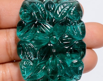 Carved Lab-Created Emerald Gemstone: Radiant Floral Design (42x33x8 mm)
