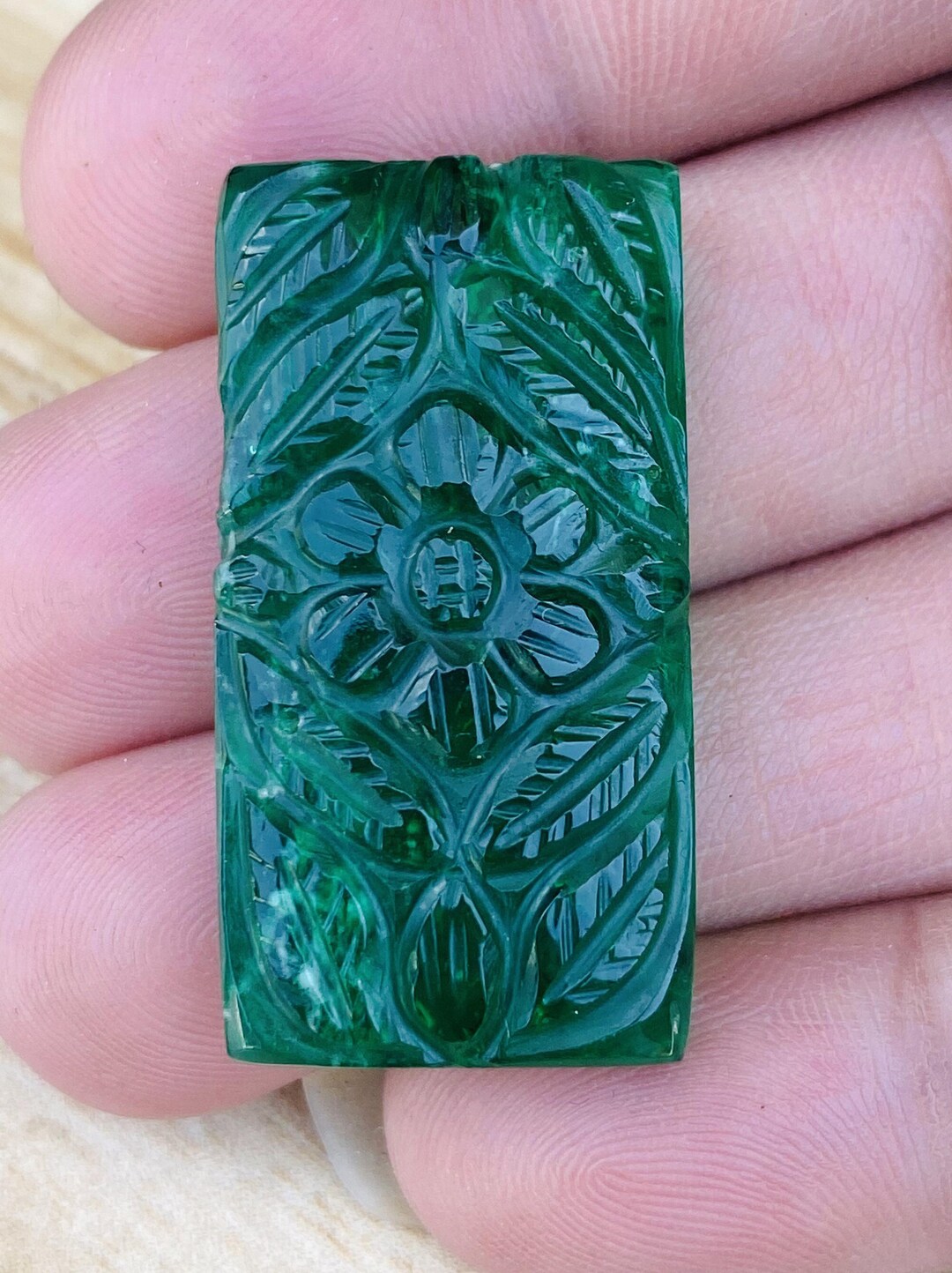 7.50X34X6 MM Lab Created Emerald Carved Radiant Shape Carved & Emerald