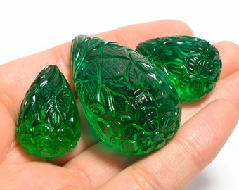 Carved Lab Emerald Teardrop Gemstones: 331 Ct Jewelry Set