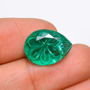 6.5 Ct. Lab Created Emerald Emerald Ring Natural Emerald Pear Shape Carved & Cut Stone Gemstone  For Making Jewelry 16X12X5 mm R-3285