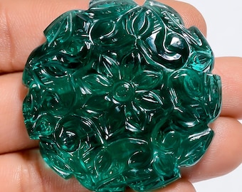 Carved Lab Emerald Gemstone: Round Floral Design (40x40x7 mm, 108 Ct)