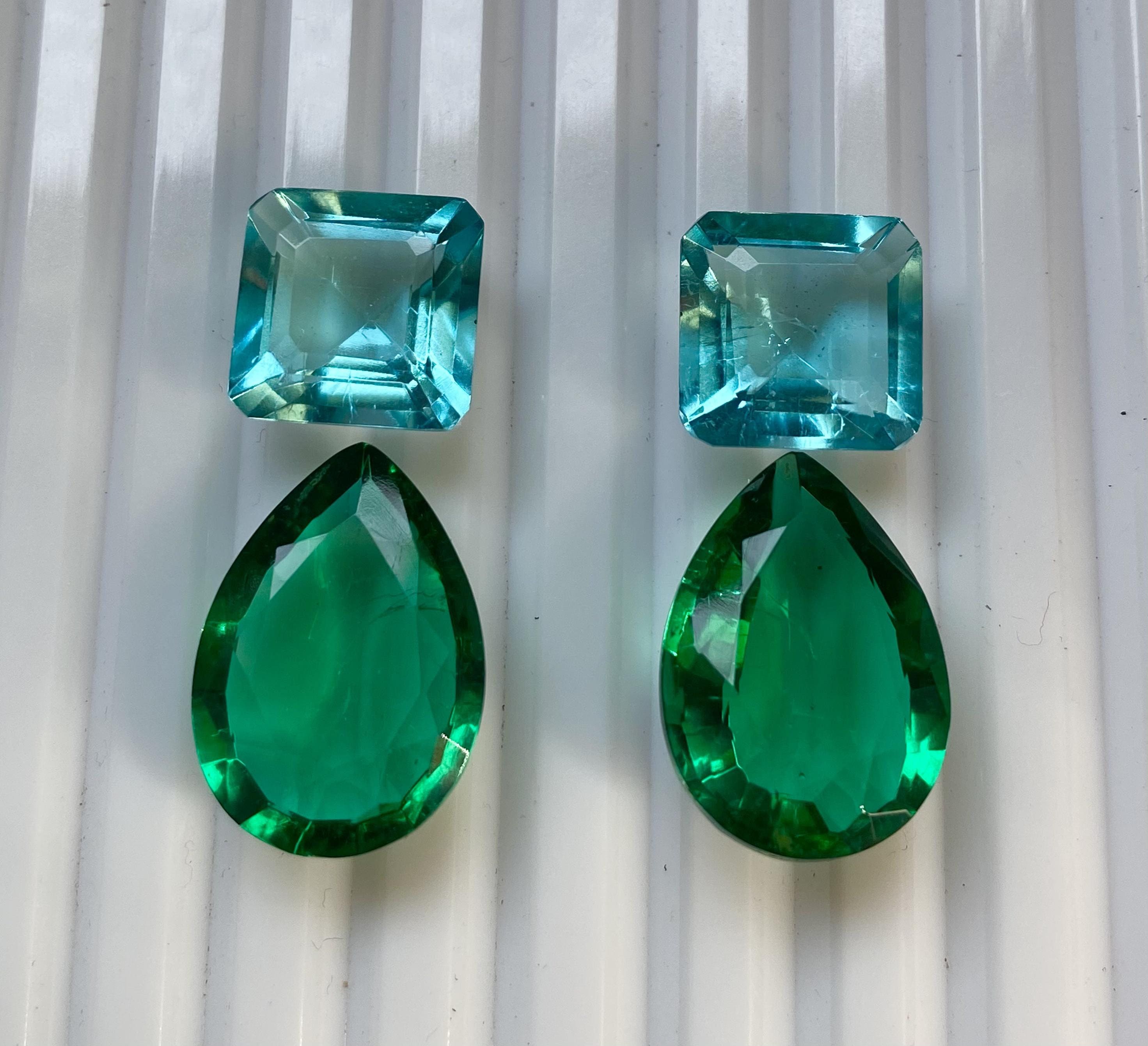 ラボエメラルドアクアマリン宝石：ペア＆スクエアカット、44カラット