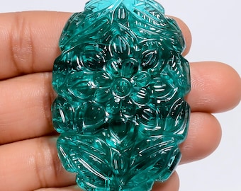 Carved Lab Emerald Gemstone: Oval Floral Design, 116 Ct (52x34x7 mm)