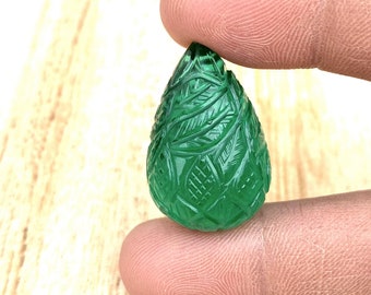 AAA 18x28 MM Lab Emerald Carved Teardrop Loose Emerald Teardrop Shape Carved Loose Emerald Gemstone  For Making Jewelry 50 CT R-76