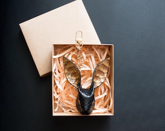 Python leather rabbit-shaped bag charm black & gold, handmade goatskin bag charm, bag charms